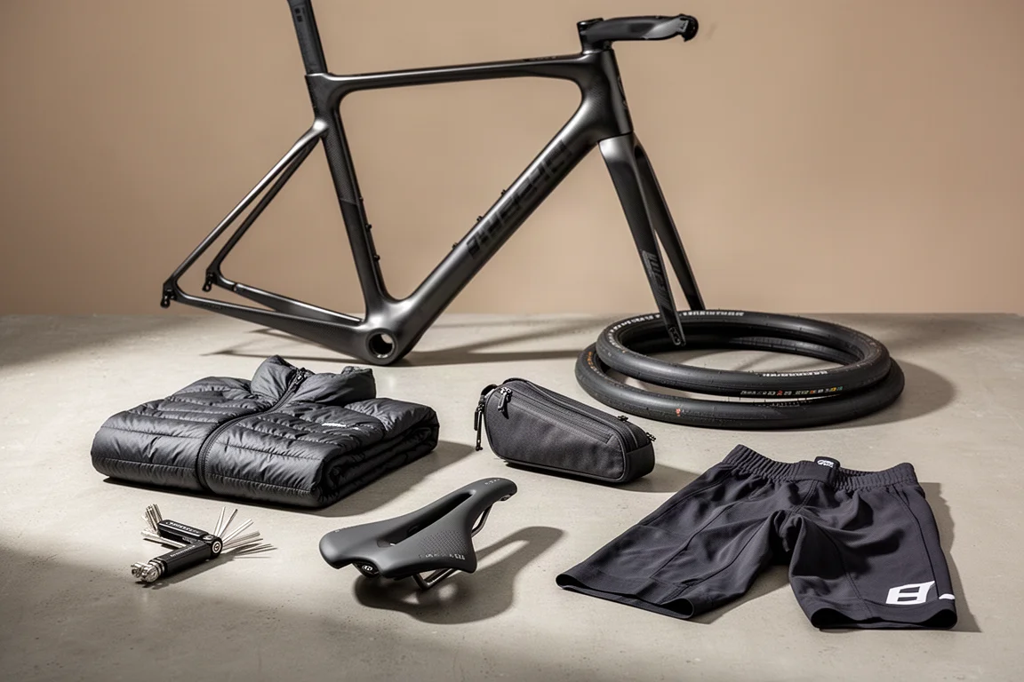 Collectie hoogwaardige fietsuitrusting met een carbon racefietsframe, multitool, jas, zadel, banden, tas en bibshort