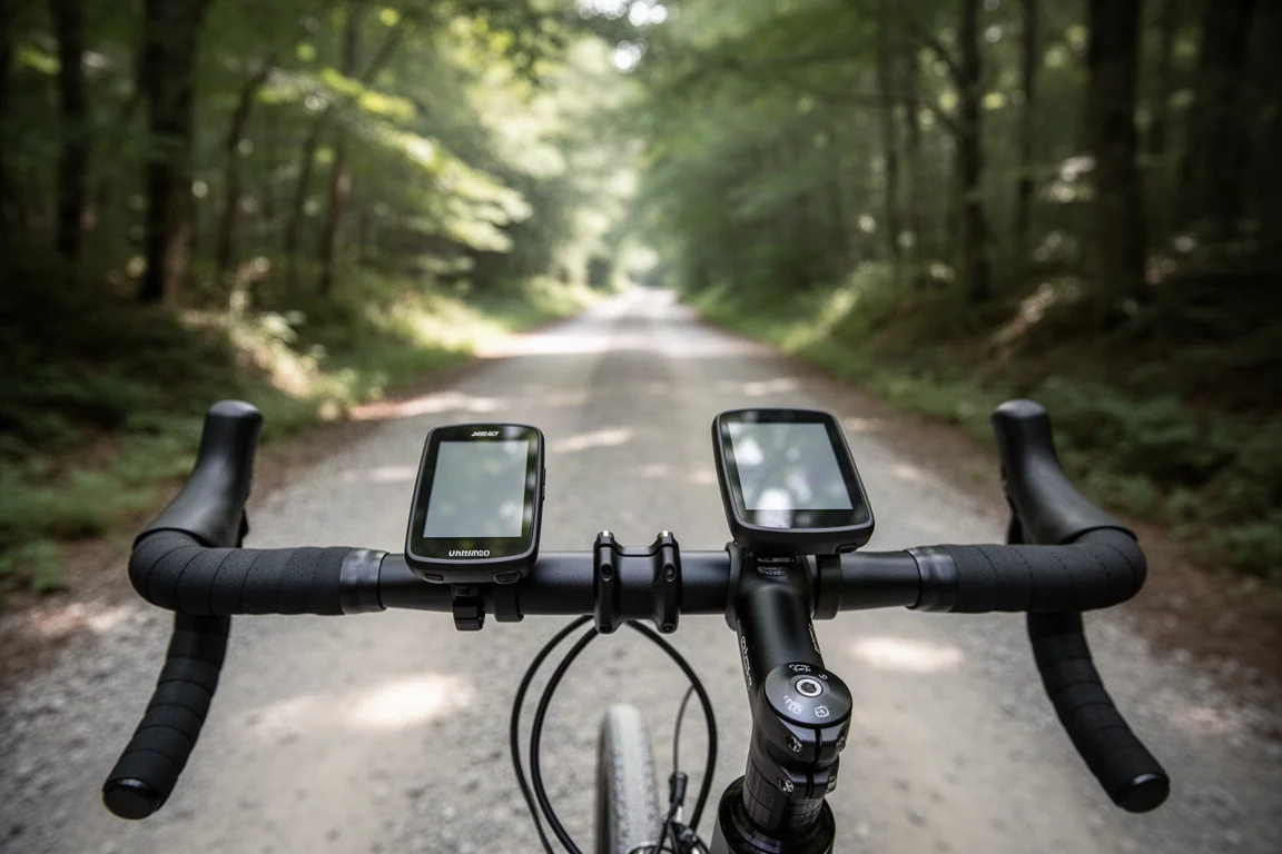 森林树冠下的砾石路上安装在车把的骑行 GPS 码表