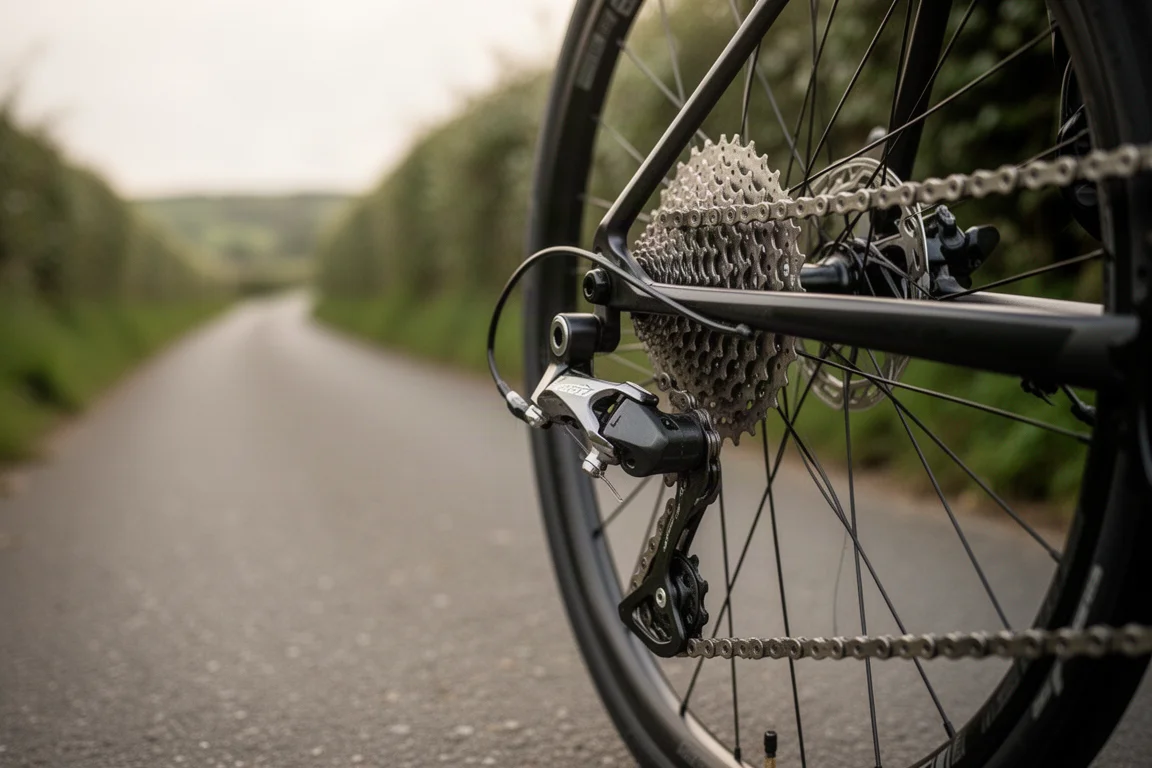 Close-up van een wegfiets-aandrijflijn die wordt geschakeld op een rustig landweggetje