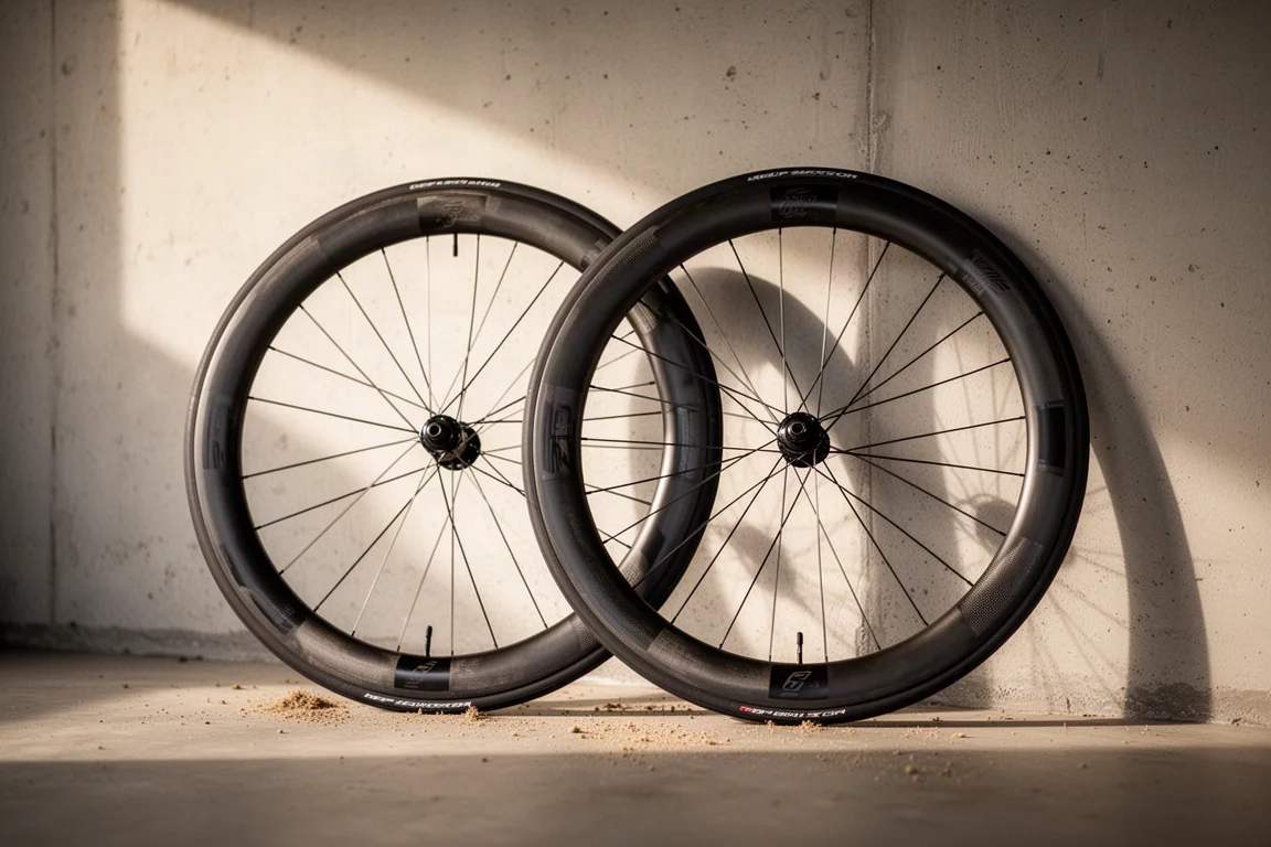 Carbonwielen voor de weg tegen een garagemuur na een rit