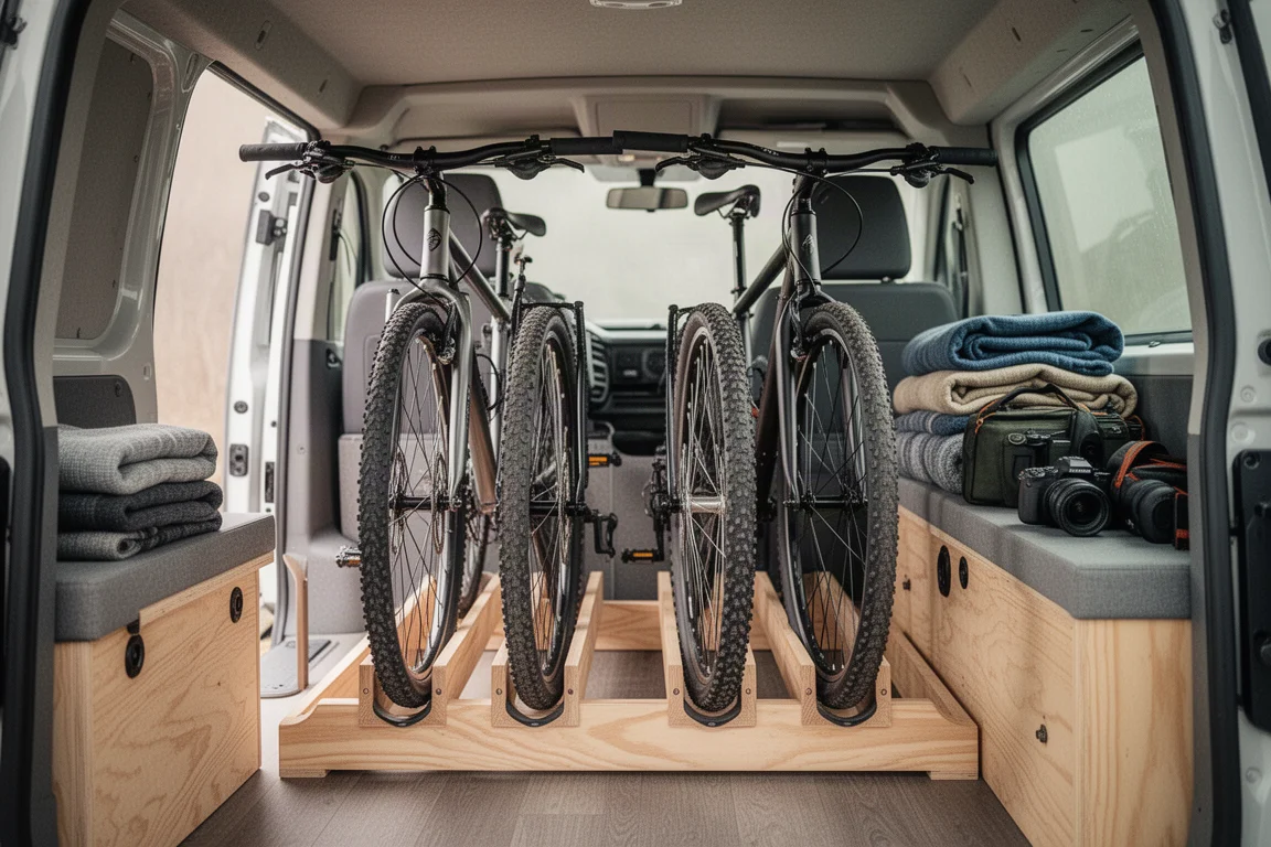 Twee fietsen rechtop vastgezet in een bus op een houten rek