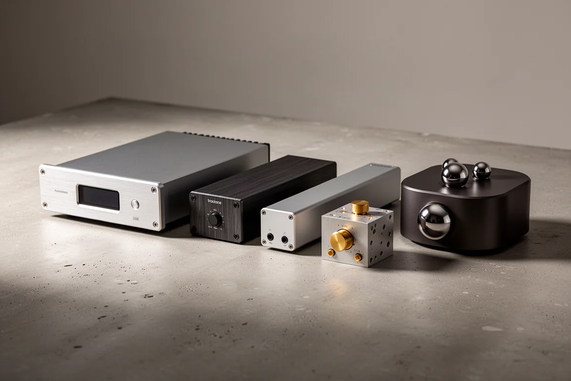 Compact hi-fi audio components arranged on a walnut shelf in soft studio light