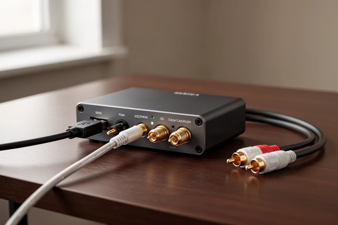 Pannello posteriore di un convertitore audio con cavi USB, ottici, coassiali e RCA collegati