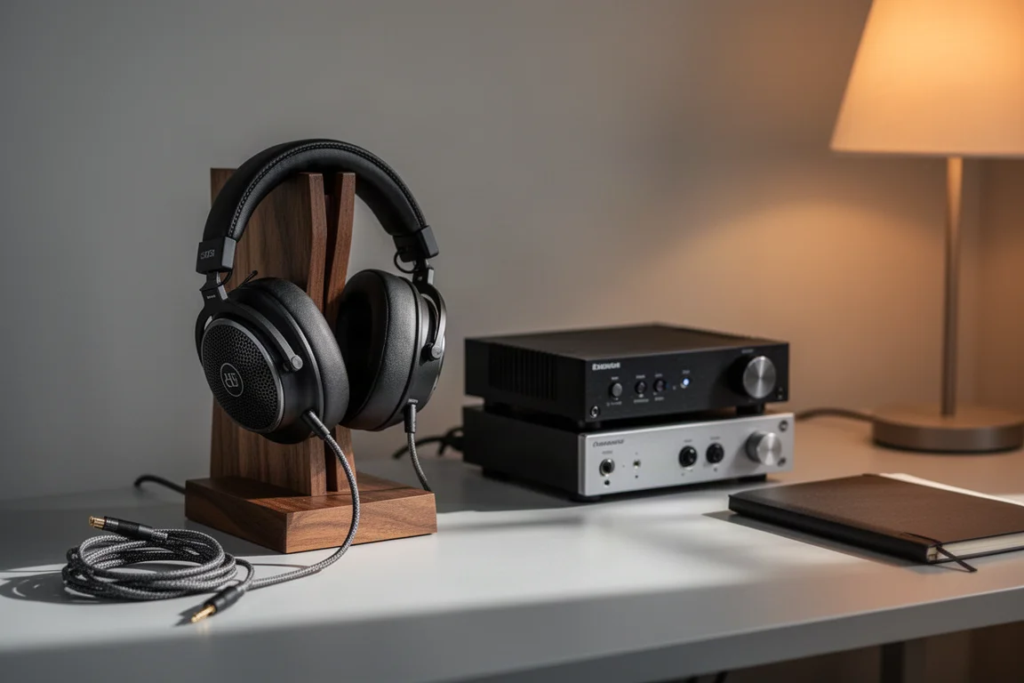 Cuffie over-ear su un supporto accanto a un amplificatore desktop e a uno stack di convertitori