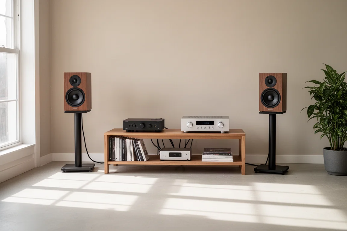 Piccola libreria hi-fi con amplificatore, convertitore e diffusori da scaffale in una stanza luminosa