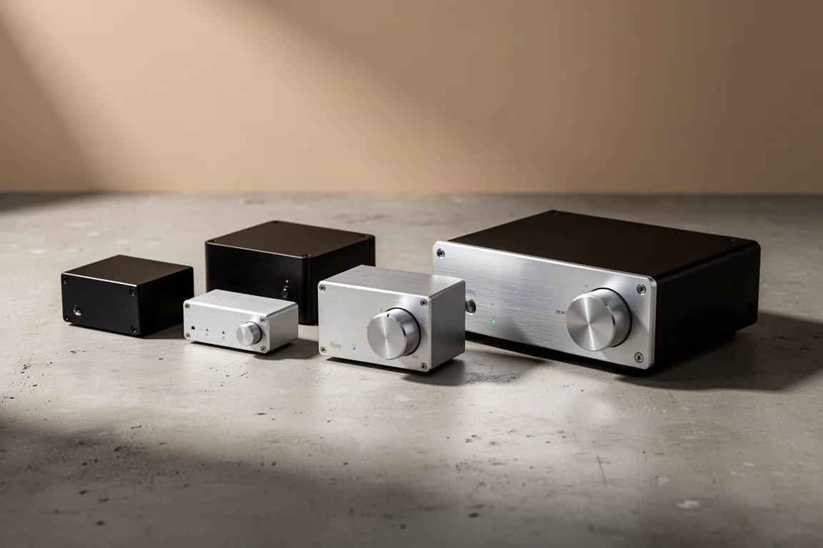 Several compact desktop DACs arranged in a row on a concrete surface