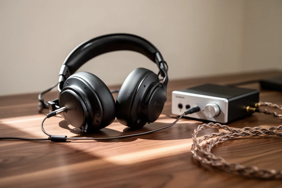 Over-Ear-Kopfhörer auf einem Nussbaumschreibtisch neben einem Kopfhörerverstärker