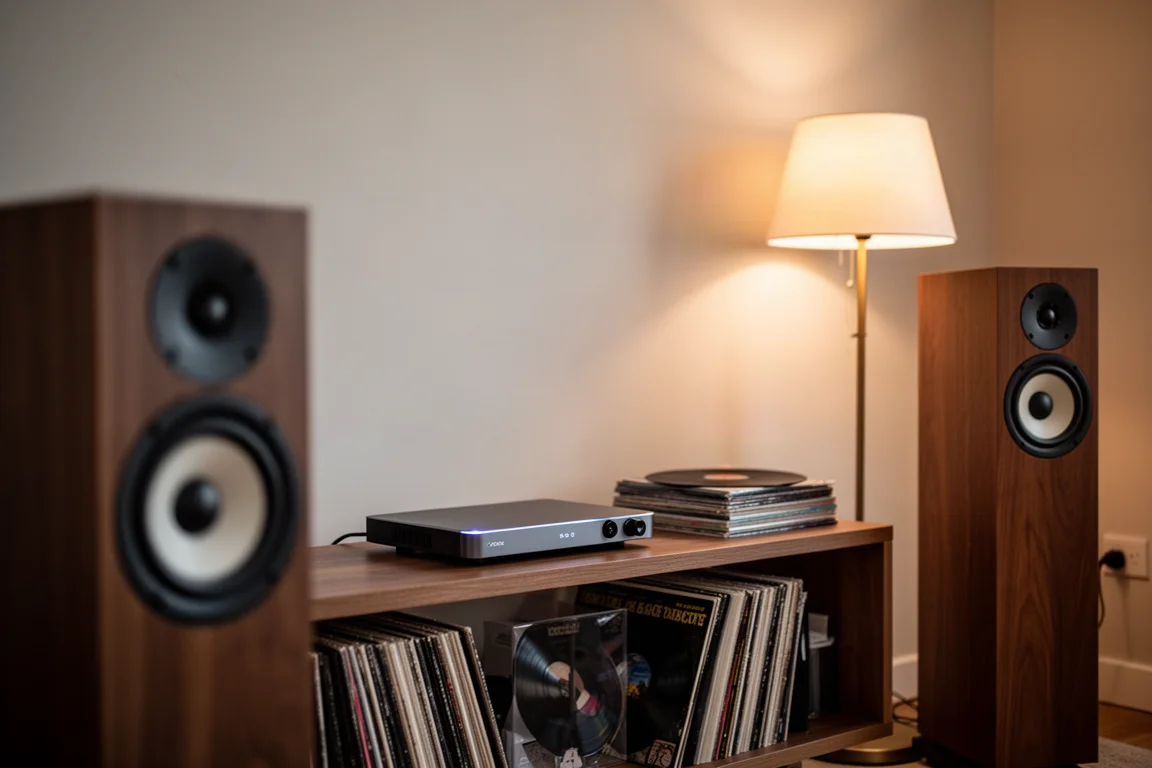 Abendliche Hi-Fi-Wand im Wohnzimmer mit Streamer, Lautsprechern und Stehlampe