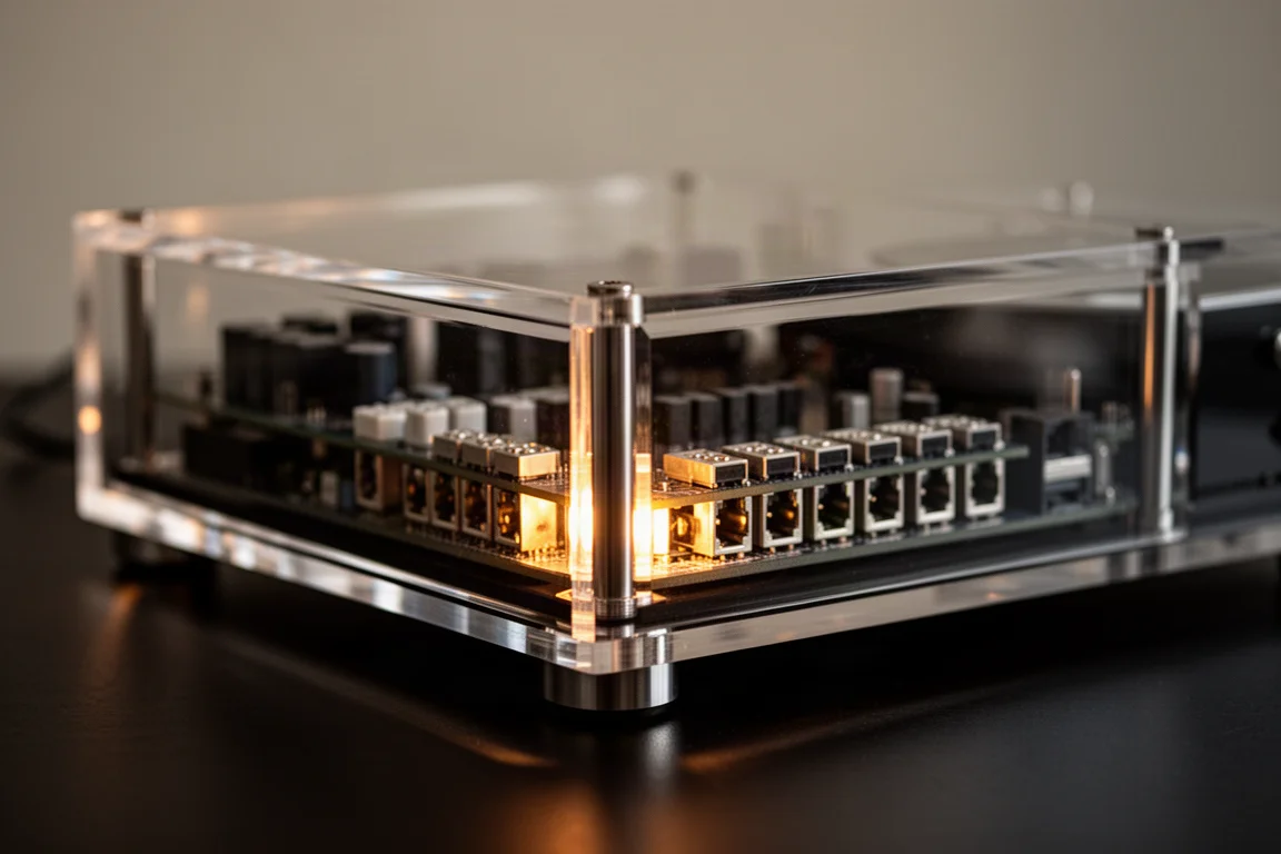 Transparentes Acryl-DAC-Gehäuse mit sichtbaren inneren Komponenten, das leuchtet