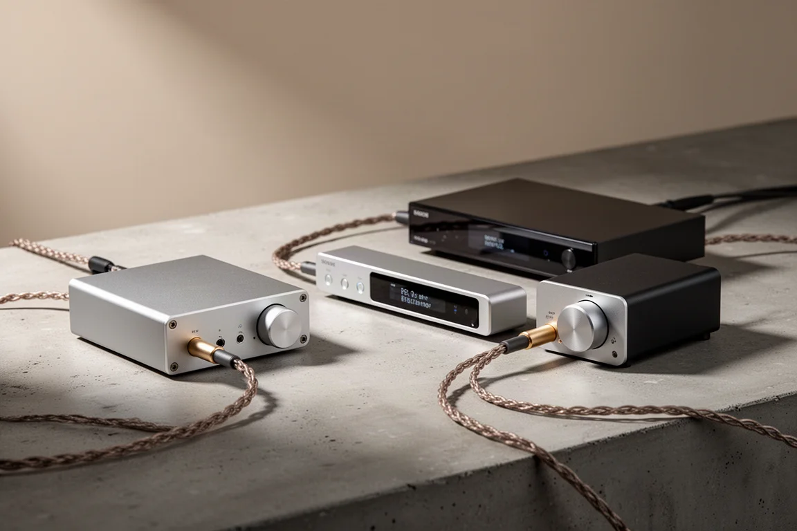 Group of compact hi-fi DACs and streamers arranged on a concrete surface