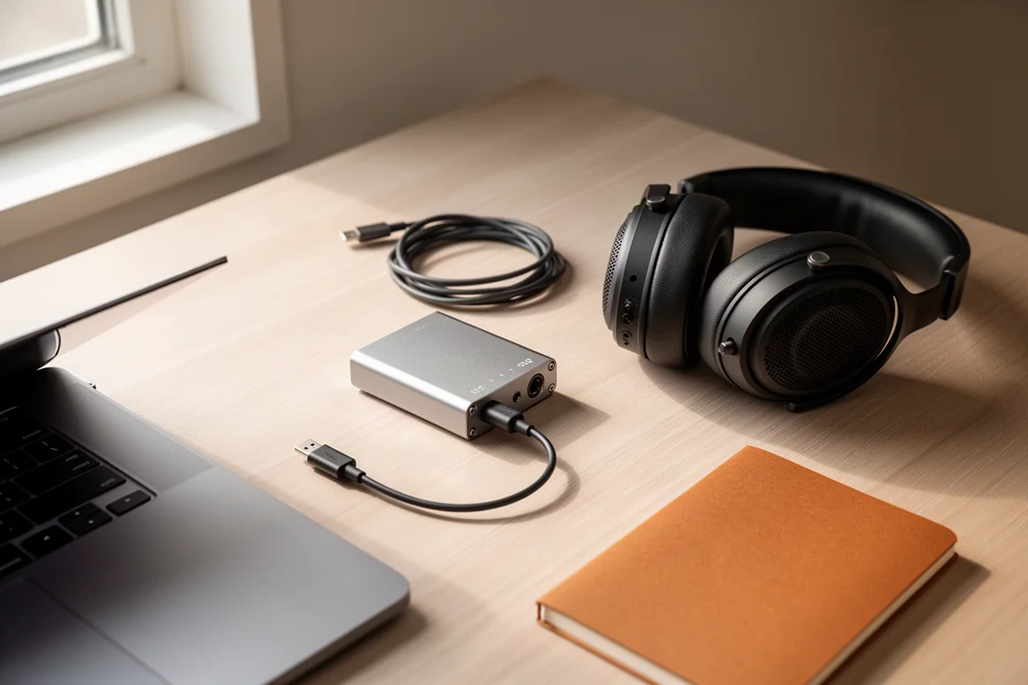 Überkopf-Schreibtischszene mit Laptop, kompaktem Audio-Wandler, USB-C-Kabel und offenen Kopfhörern