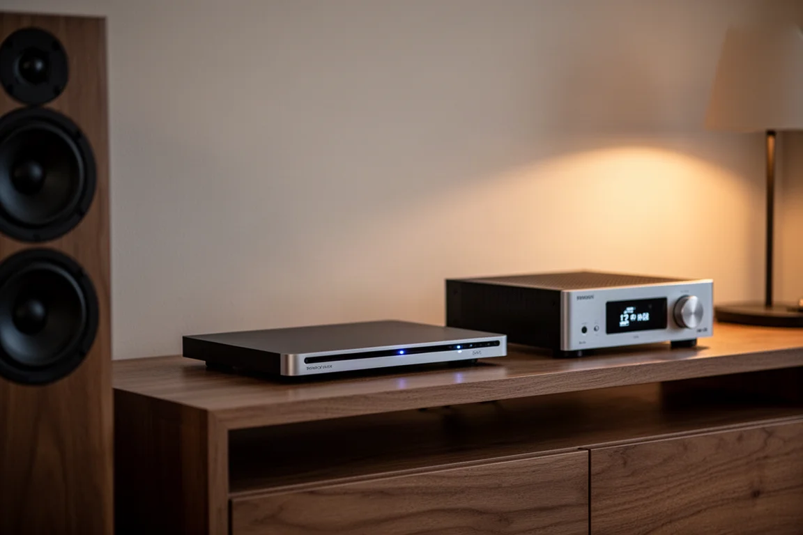 Hi-Fi-Regal im Wohnzimmer in der Dämmerung mit schlankem Streamer, kleinem Verstärker und Lautsprecherkante
