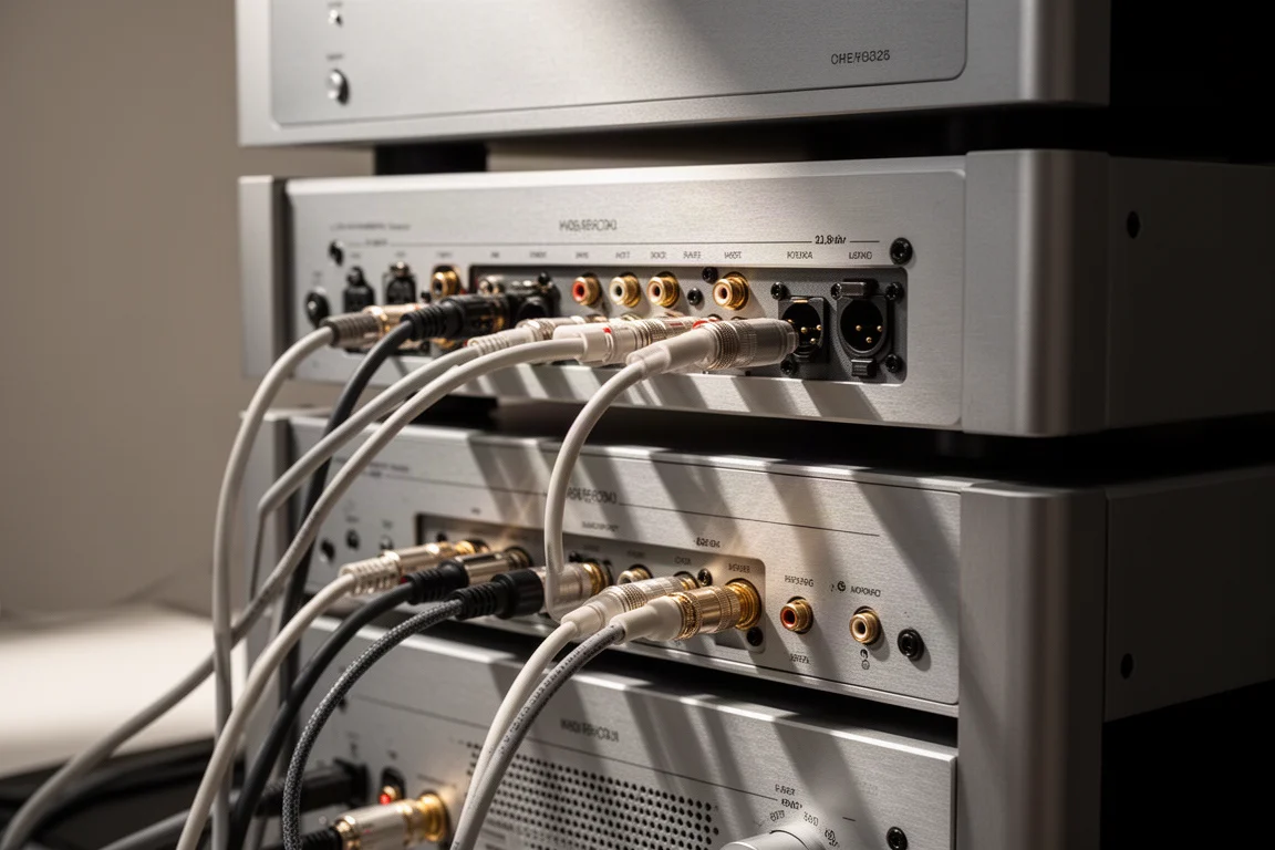 Rückseite eines Hi-Fi-Racks mit sauber verlegten Verbindungskabeln und symmetrischen Kabeln