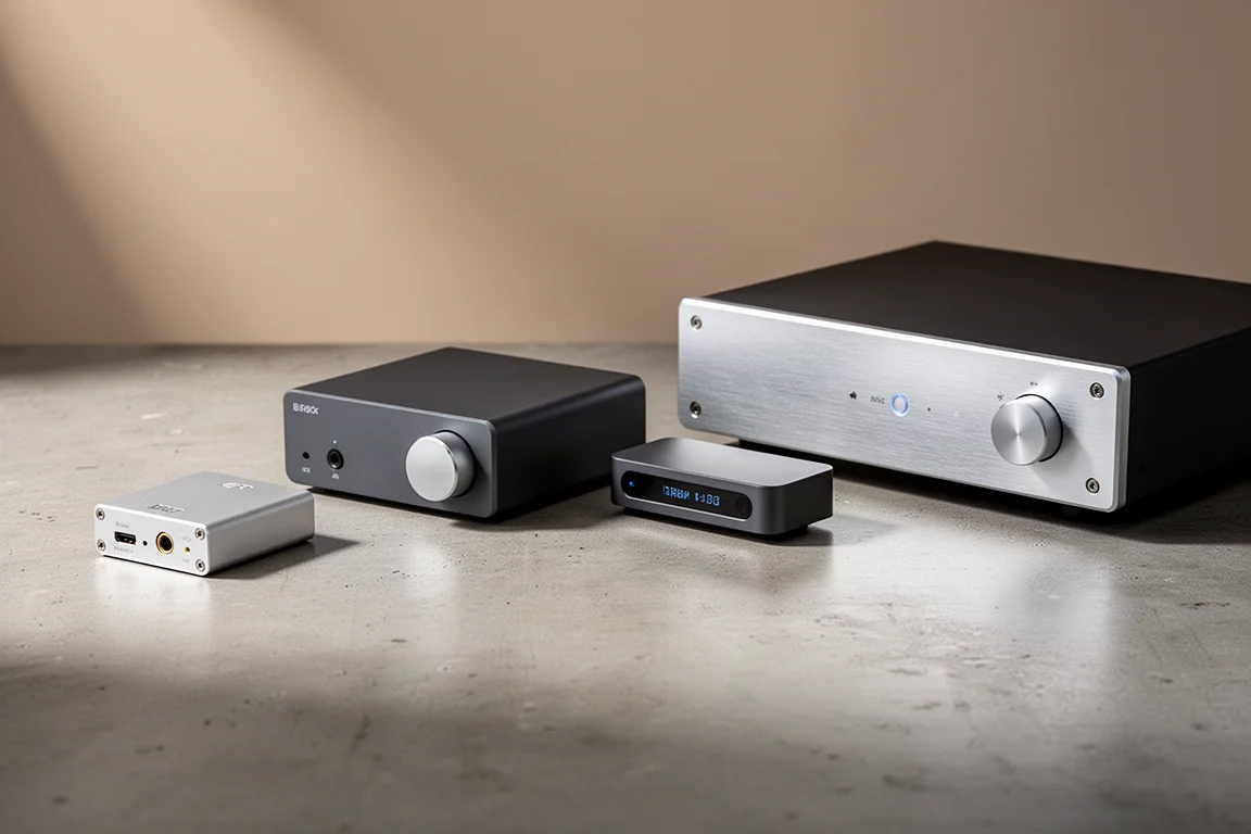 Row of compact desktop DACs and streamers on a matte concrete surface