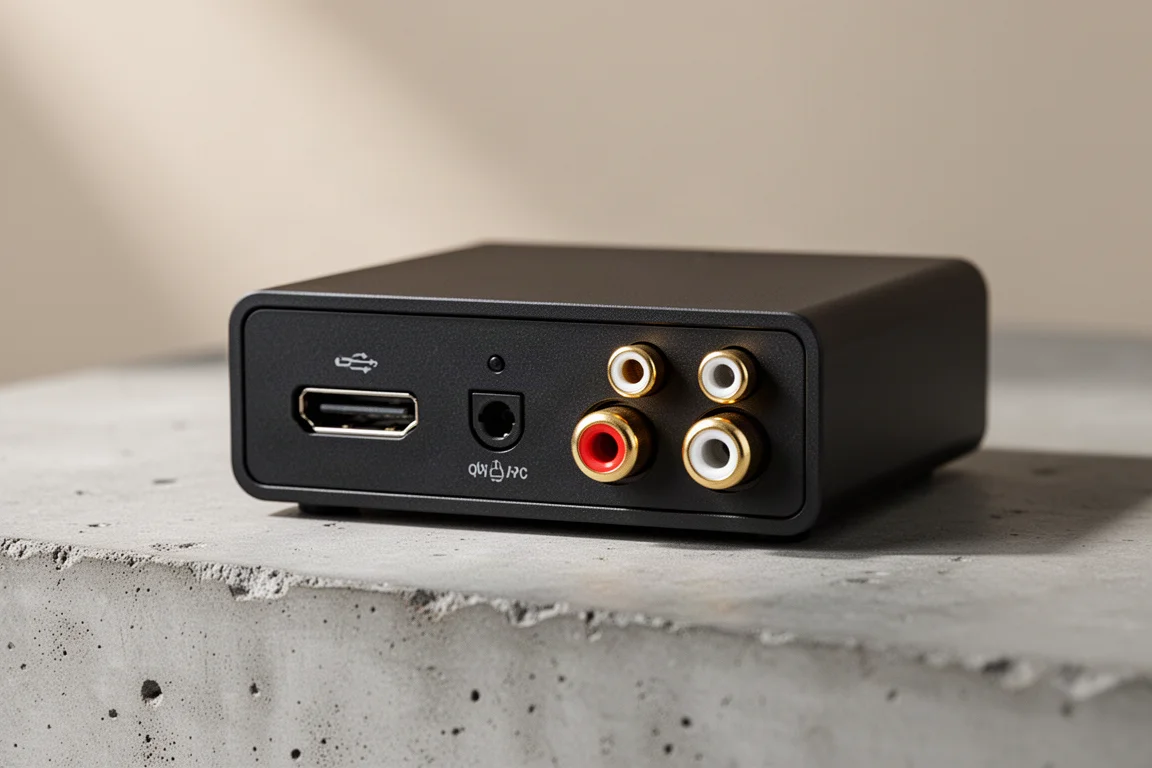 Primo piano del pannello posteriore di un compatto convertitore da scrivania con connessioni USB-C, ottiche e RCA