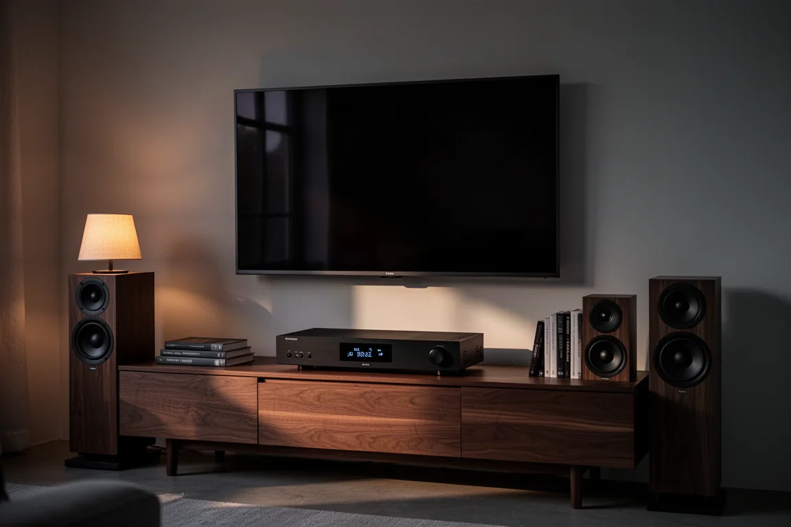 Televisore del soggiorno e rack hi-fi collegati a un componente audio a larghezza intera