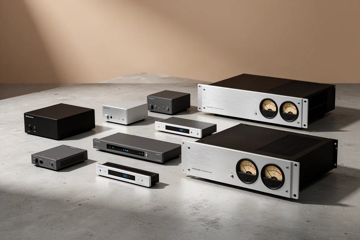 Group of eight digital-to-analog converters arranged on a concrete surface