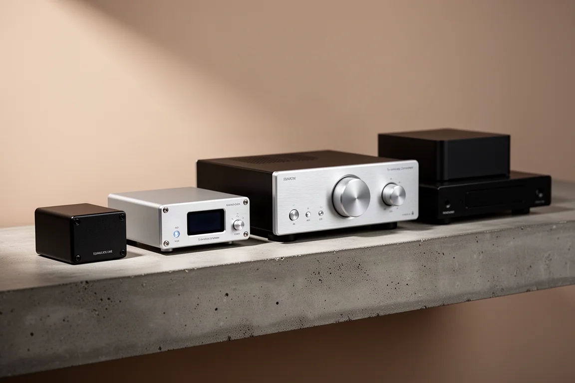 Four desktop digital-to-analog converters of different sizes on a matte concrete shelf