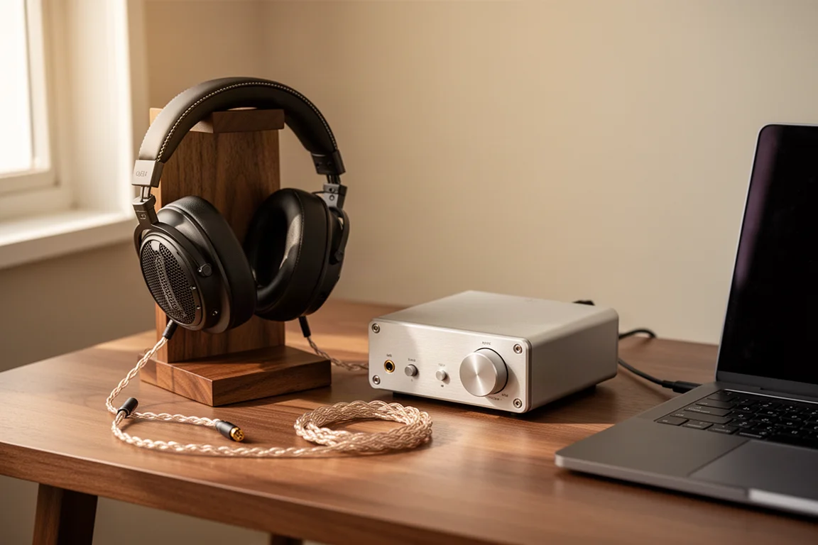 Cuffie su un supporto in legno accanto a un DAC desktop compatto nella luce calda di una finestra