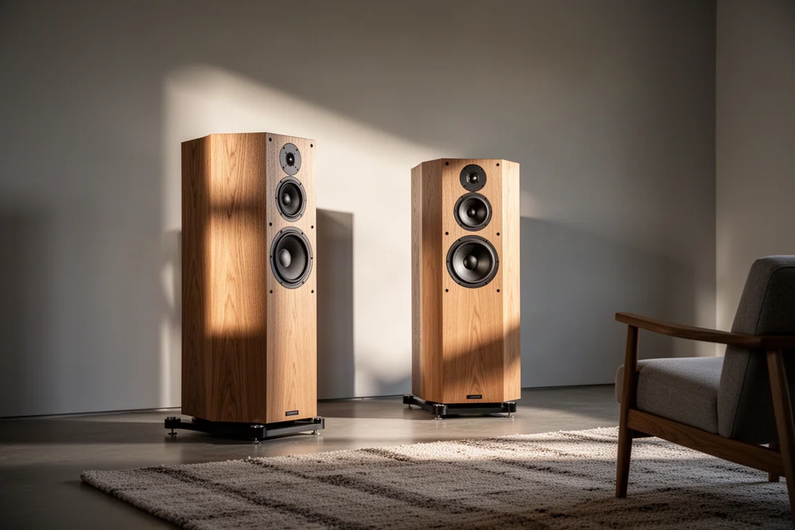 Diffusori da pavimento in una sala d'ascolto silenziosa con la luce del giorno sui cabinet