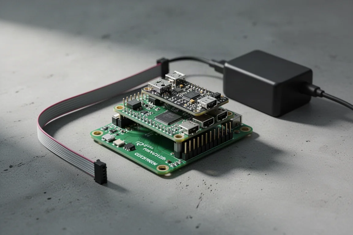 Single-board computer con una piccola scheda audio aggiuntiva impilata su cemento