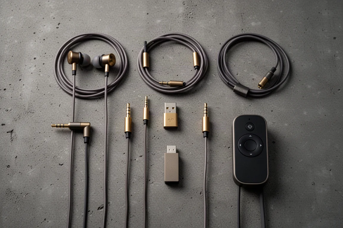 Flat-lay di cavi per cuffie, un dongle USB e un piccolo telecomando su cemento