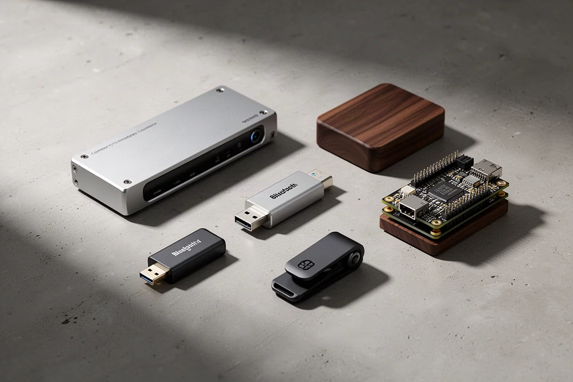 Several compact DACs arranged on a concrete surface in soft studio light