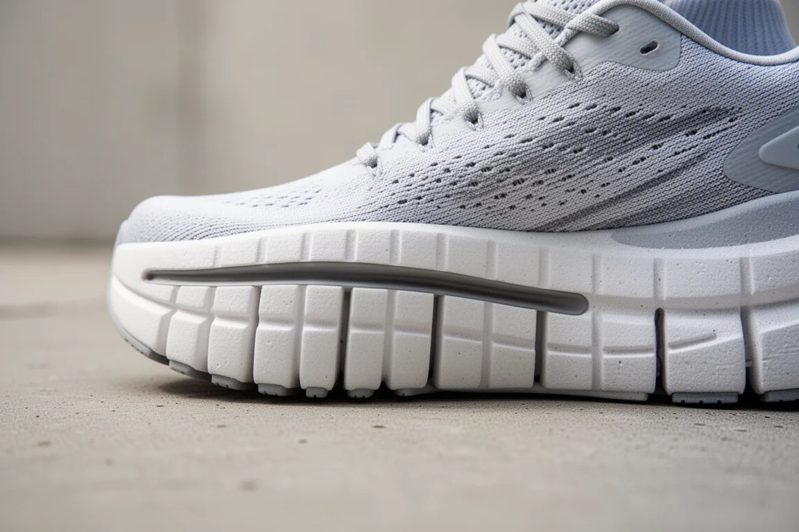 Primo piano della intermedia di una scarpa da running con una profonda flessione
