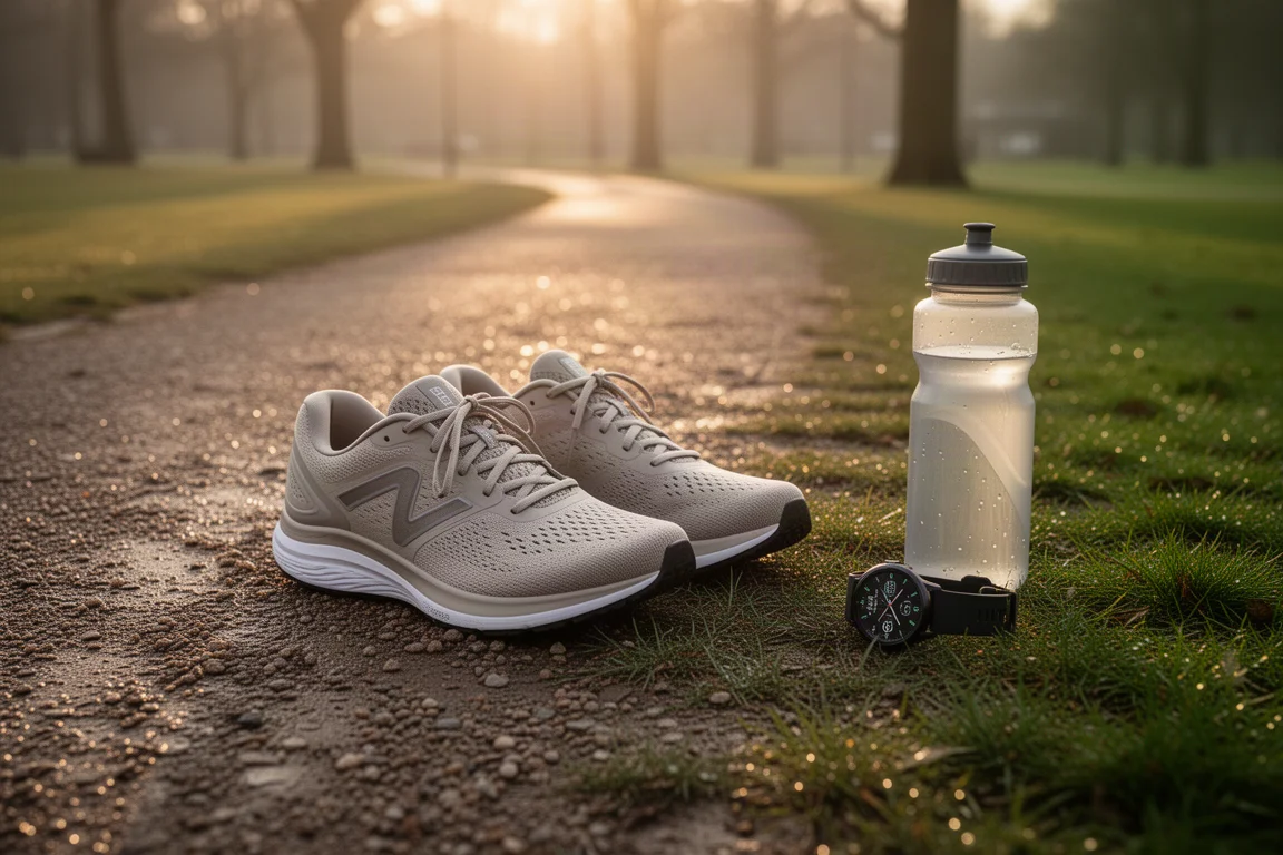 Scarpe da running appoggiate accanto a un viale del parco dopo una corsa mattutina