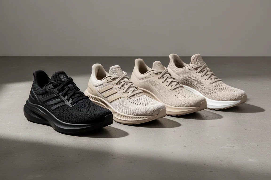 Cinque scarpe da running ammortizzate allineate su una superficie di cemento