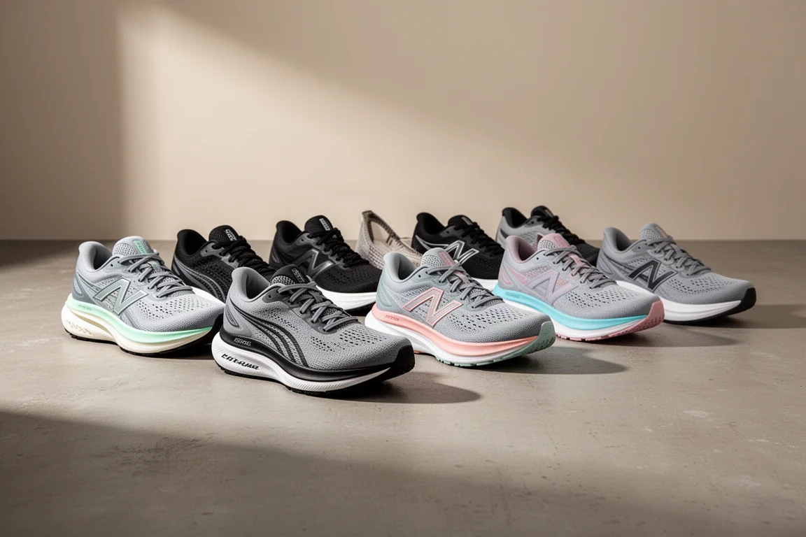 Ten running shoes arranged in a staggered row on a concrete surface