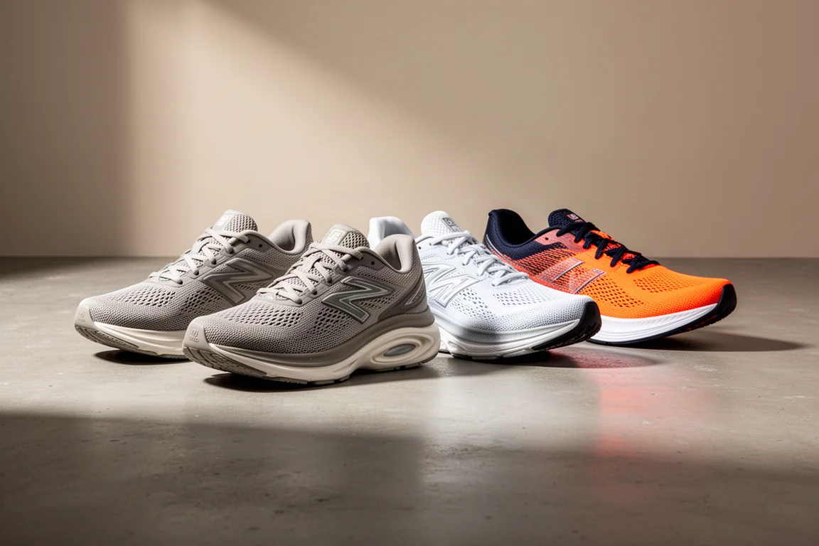 Five daily running shoes arranged in a row on a concrete surface
