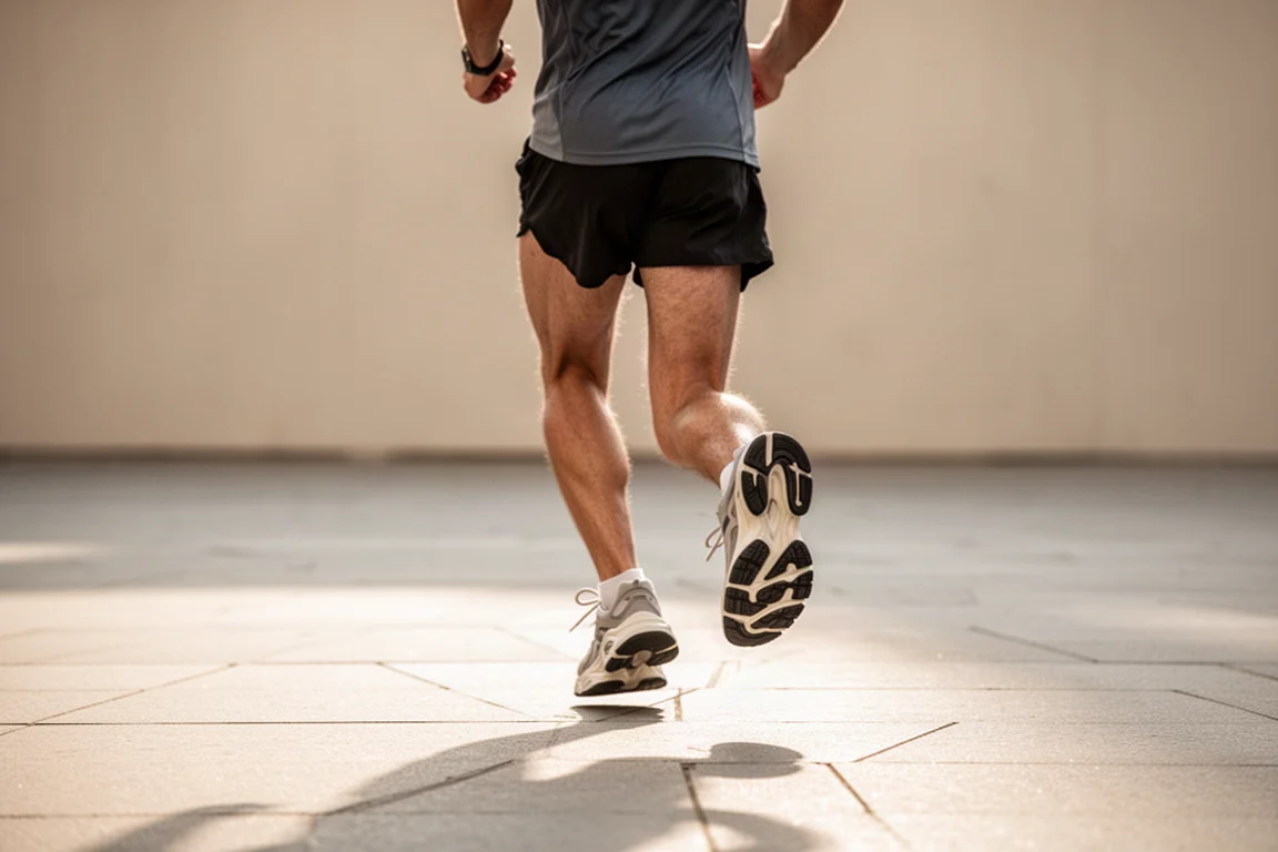 Runner che accumula chilometri facili quotidiani sul marciapiede cittadino nella luce del mattino
