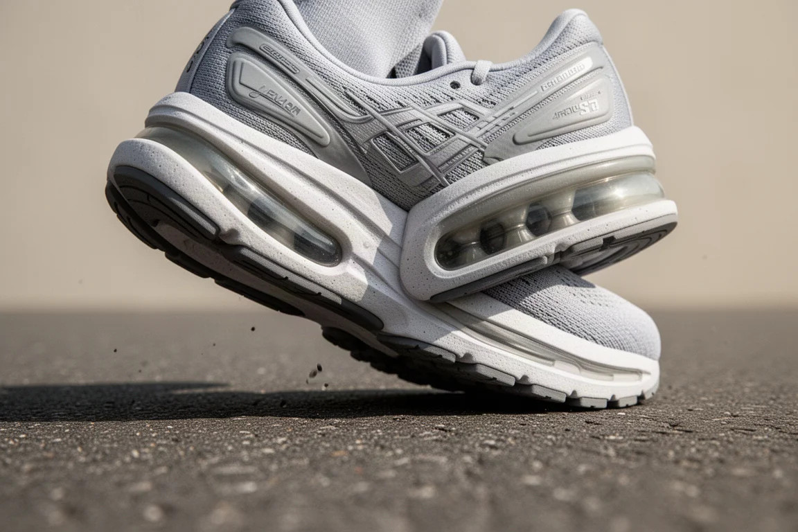 Primo piano della intersuola di una scarpa da running che mostra l'ammortizzazione in schiuma e il dettaglio dell'unità ad aria
