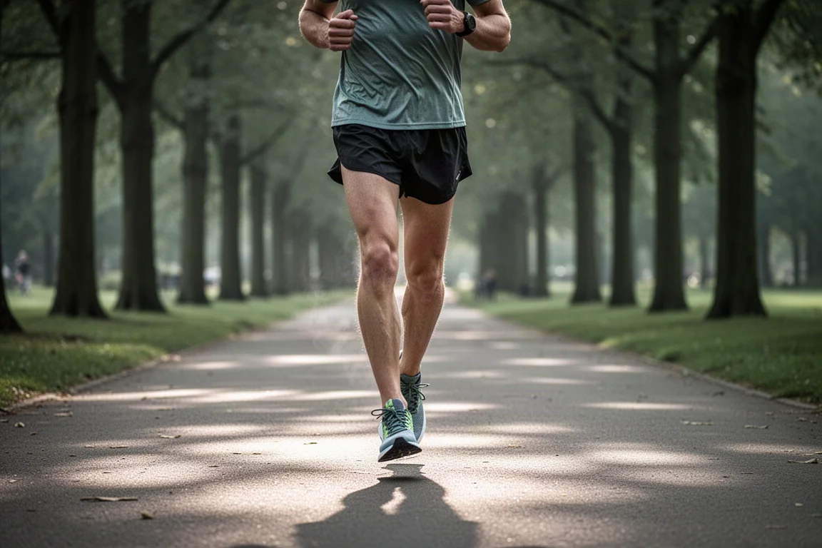 Runner che termina una corsa facile più lunga su un sentiero tranquillo nel parco