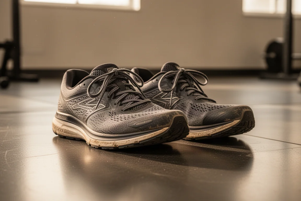 Paio di scarpe da running appoggiate sul pavimento di una palestra dopo una sessione di allenamento