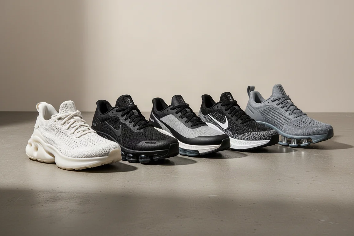 Five different daily running shoes lined up on a matte concrete surface