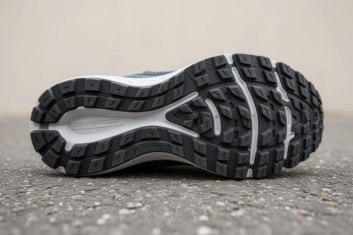Nahaufnahme der Laufsohle eines Laufschuhs mit Grip-Profil auf rauen Asphalt