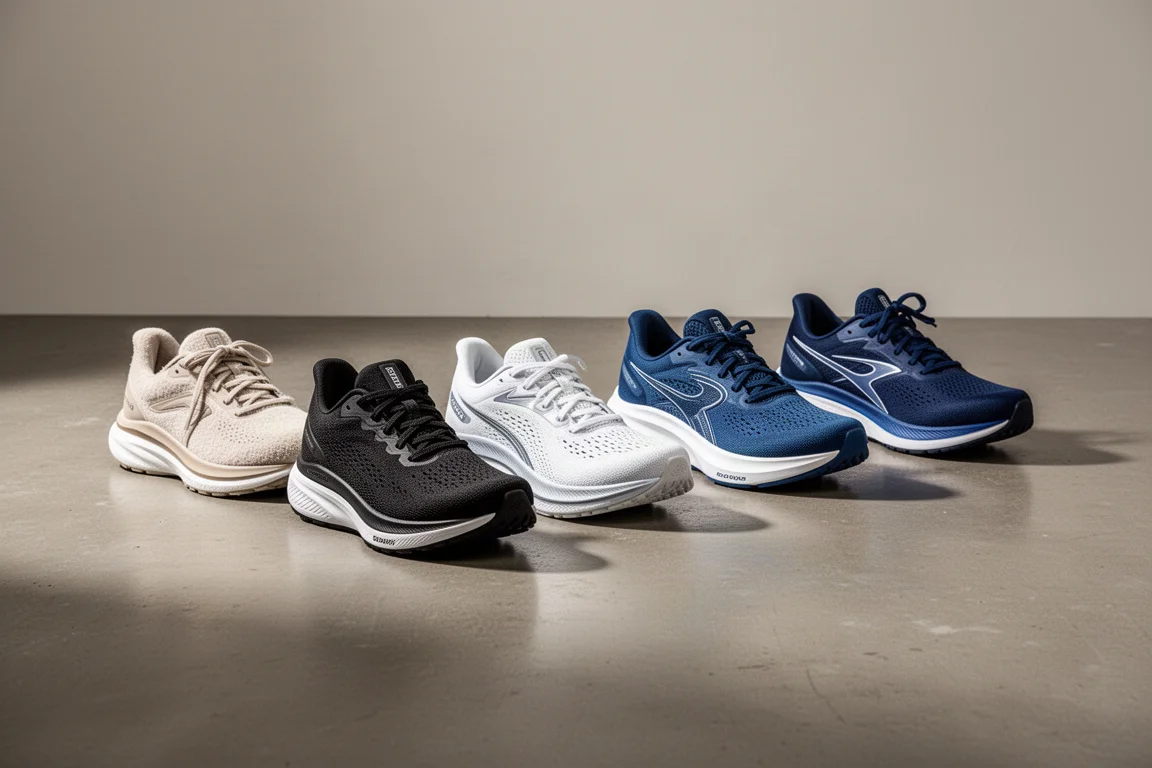 Five daily running shoes arranged in a diagonal line on a concrete studio floor