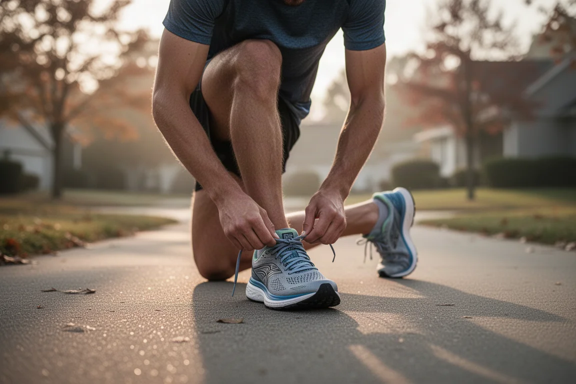 Runner tying the laces of a daily trainer on a quiet suburban pavement at dawn