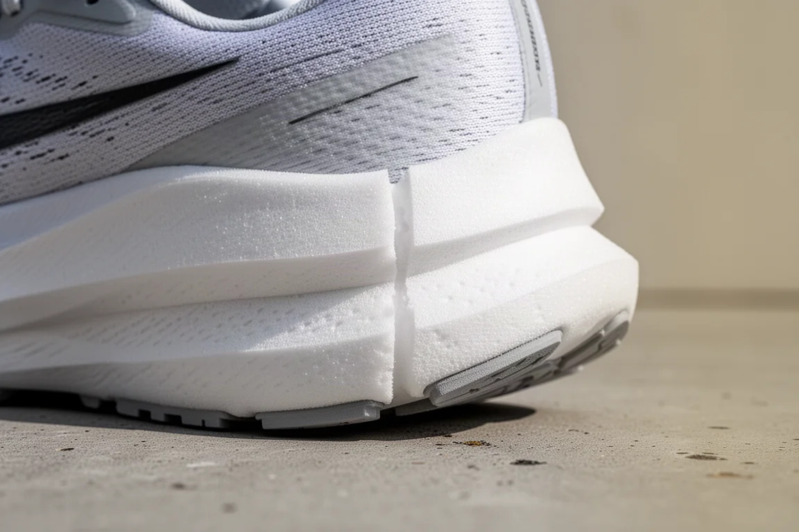 Close-up of a thick layered midsole foam stack under a running shoe heel