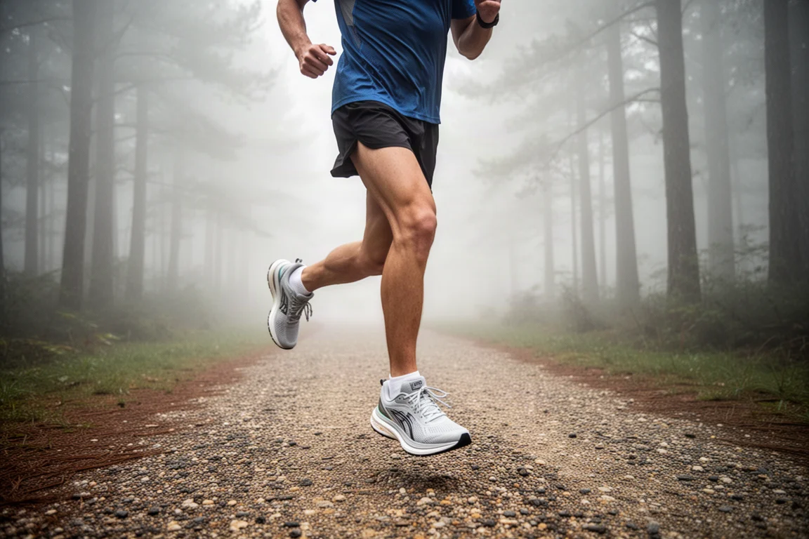 Runner striding through a misty forest trail section in soft morning light