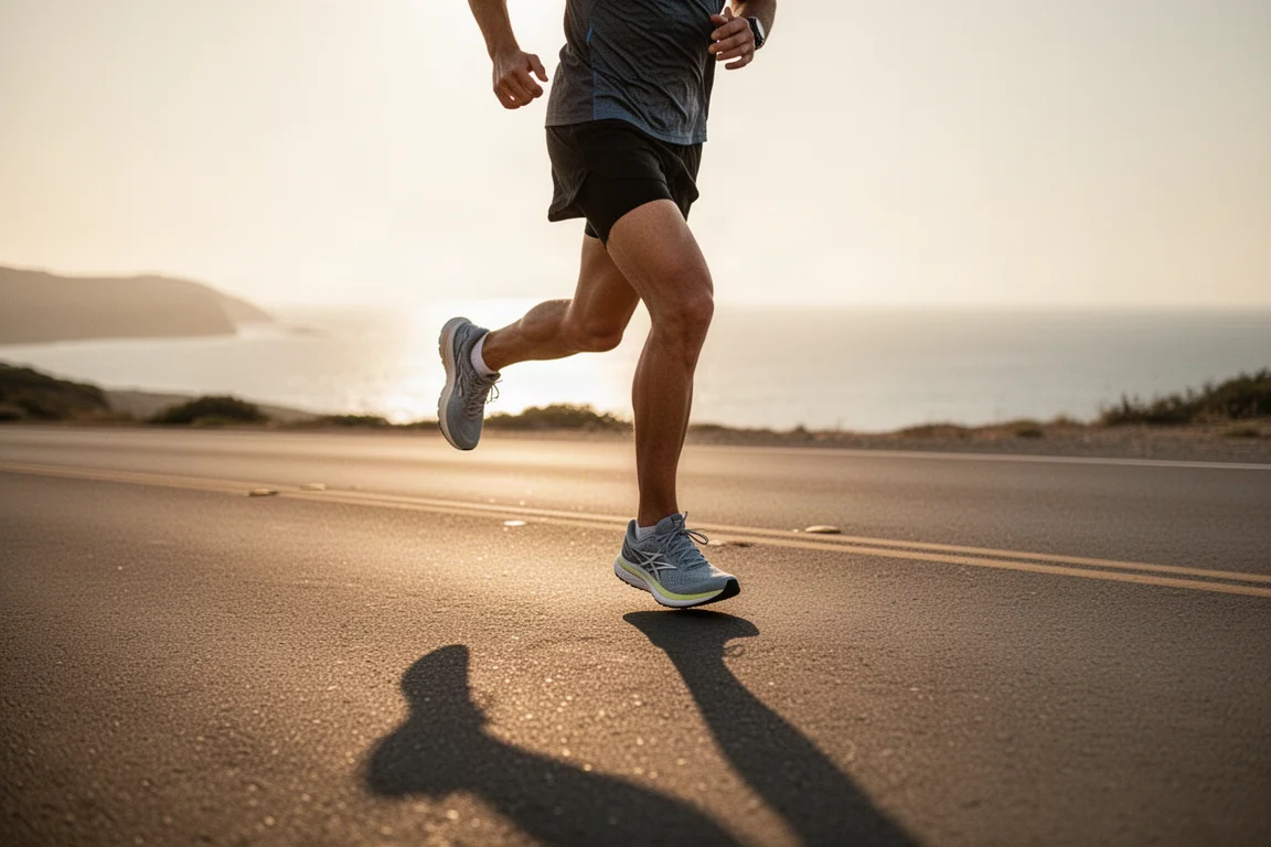 Runner cruising down an open coastal road in warm evening light