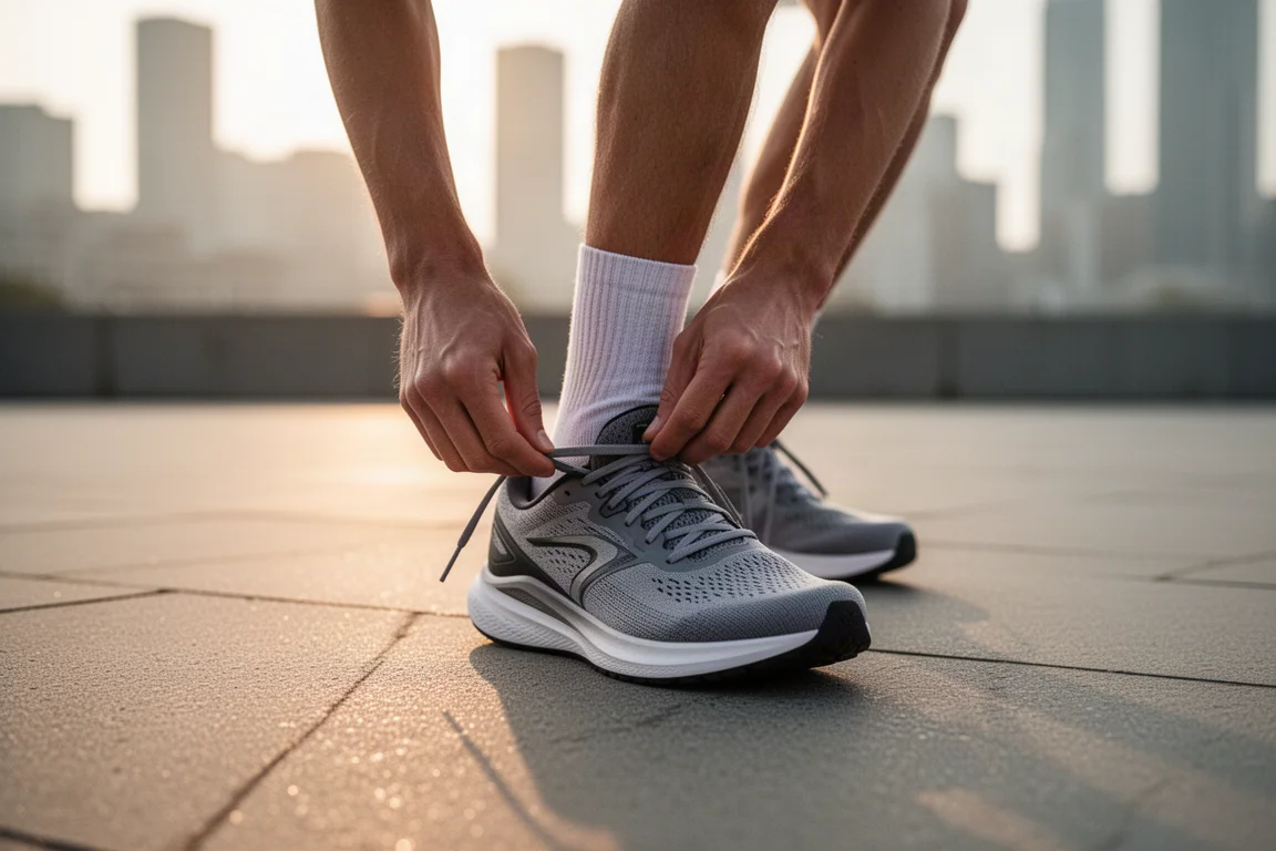 Runner che allaccia una scarpa da allenamento quotidiano su un marciapiede cittadino nella luce soffusa del mattino