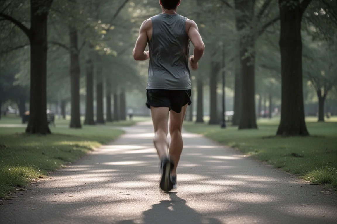 Runner che corre a ritmo facile lungo un sentiero alberato del parco