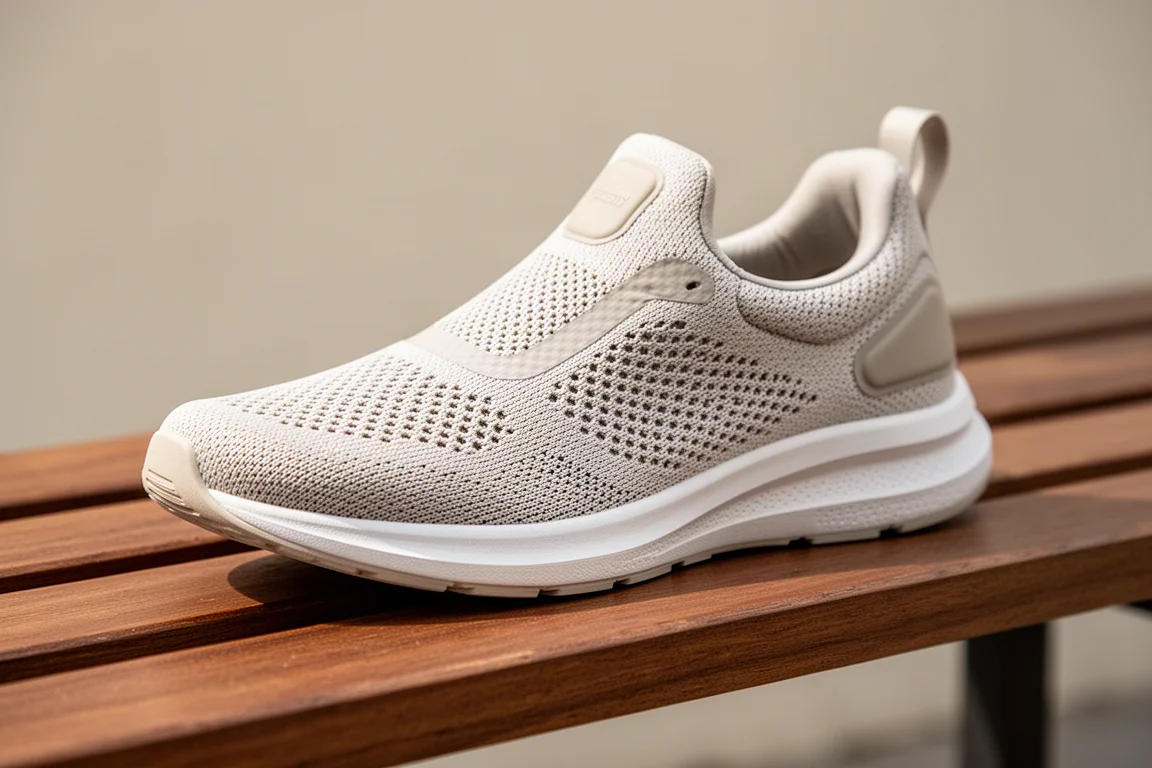Primer plano del upper de malla transpirable de una zapatilla de running sobre un banco de madera