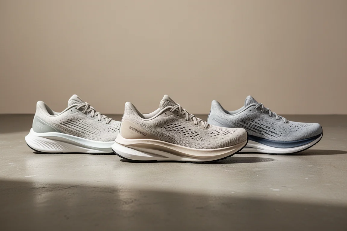 Tres pares de zapatillas de running diarias alineados sobre un suelo de hormigón