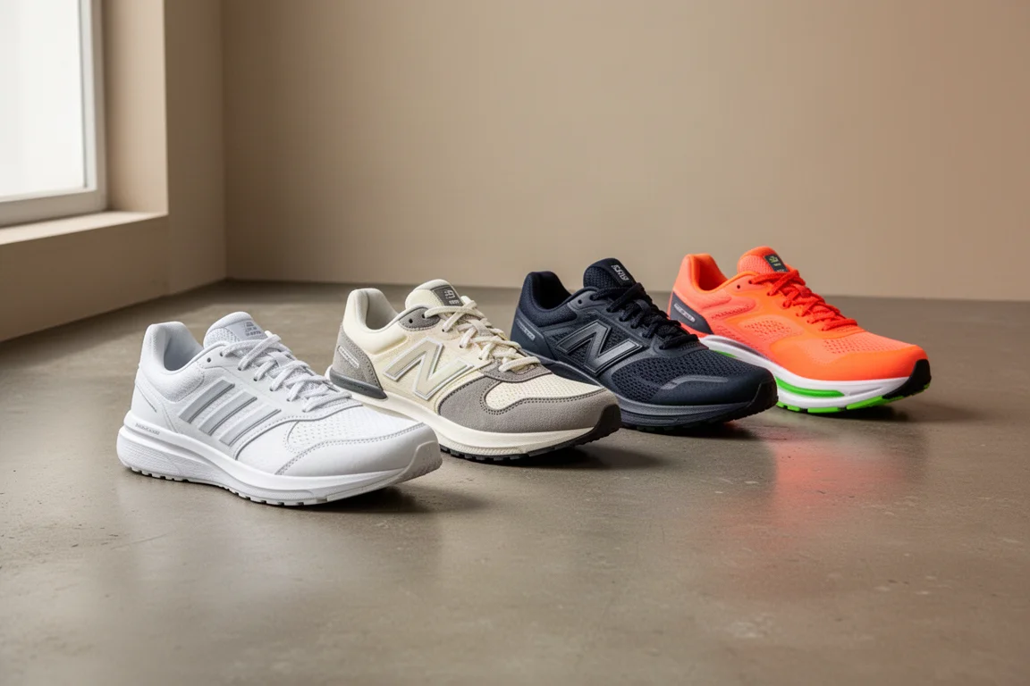 Four running shoes lined up on a concrete floor in soft light