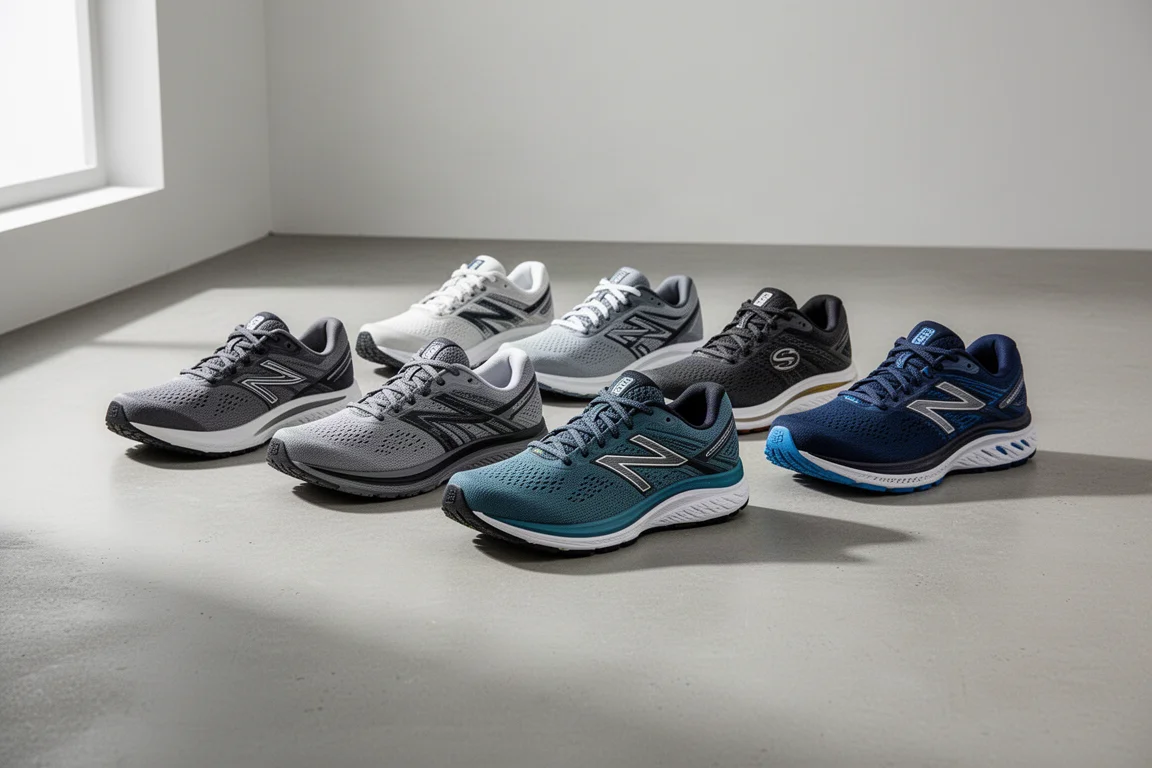 Seven different running shoes arranged in a row on a grey concrete floor