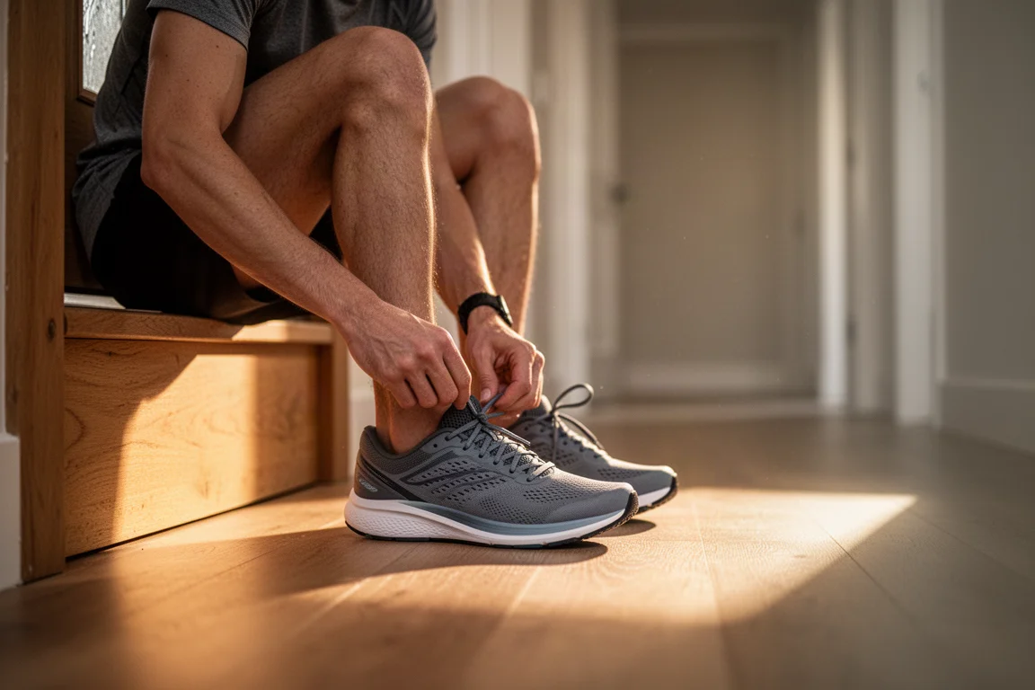 Runner che allaccia le scarpe da running su un gradino prima di una corsa mattutina